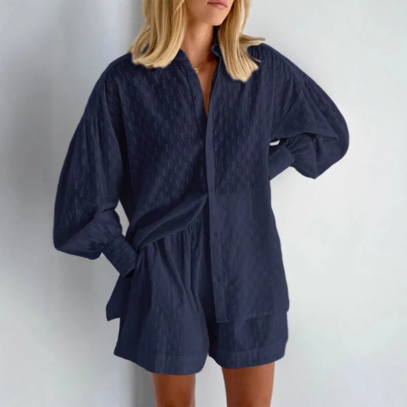 Autumn Women's Shirt Jacquard Puff Sleeve Temperament Top Shorts Commuting Design Casual Suit