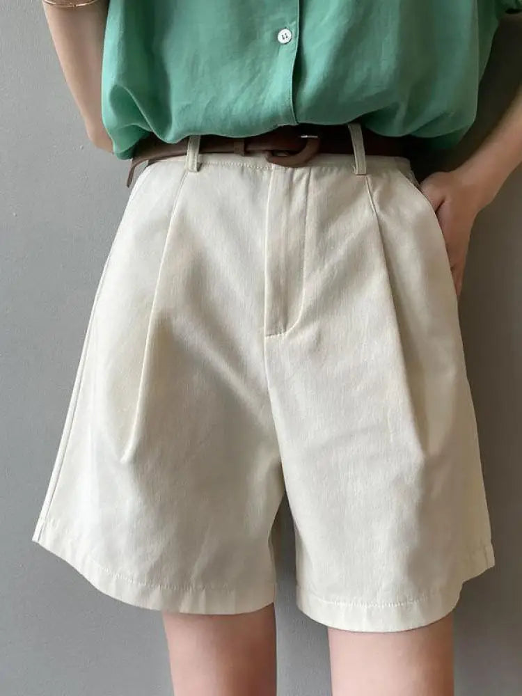 Belt Pure Cotton Shorts Women High Waist Wide Leg A Line Suit Shorts Office Lady Solid Loose Casual All Match Short Pants