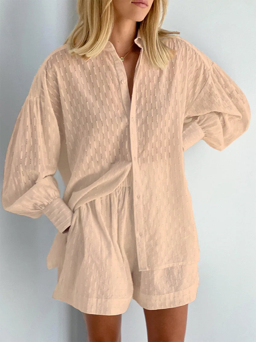 Autumn Women's Shirt Jacquard Puff Sleeve Temperament Top Shorts Commuting Design Casual Suit