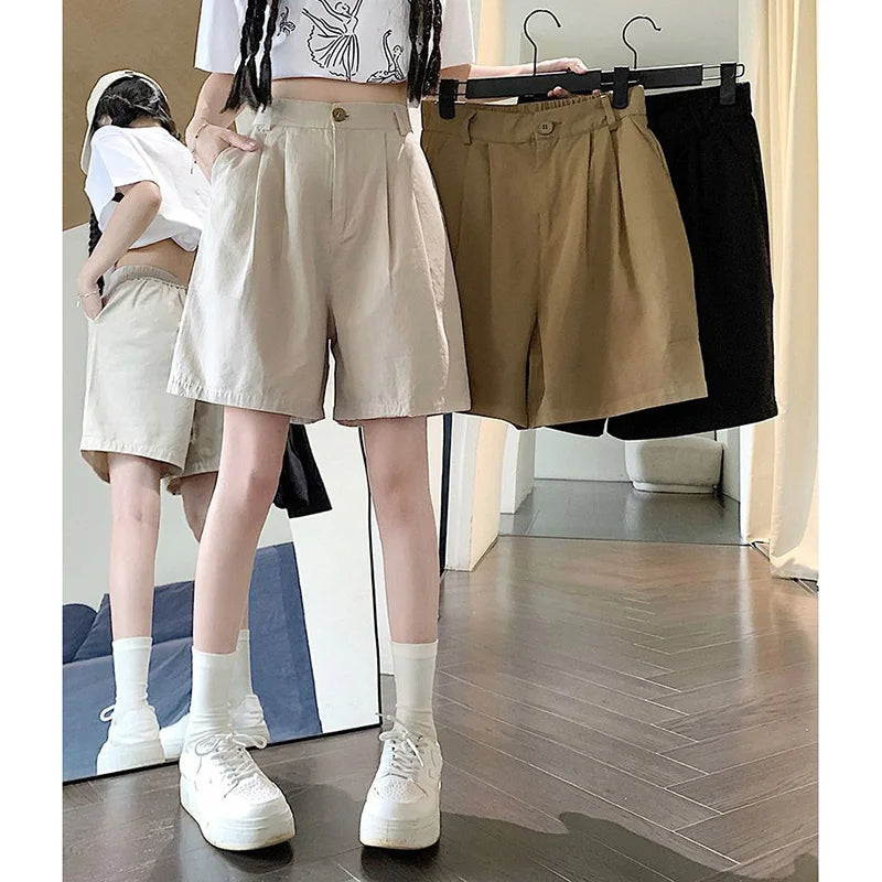 2025 Summer Women Casual Daily Khaki Short Pants Female High Waisted Cargo Shorts Girls Retro Baggy Wide Leg Slacks