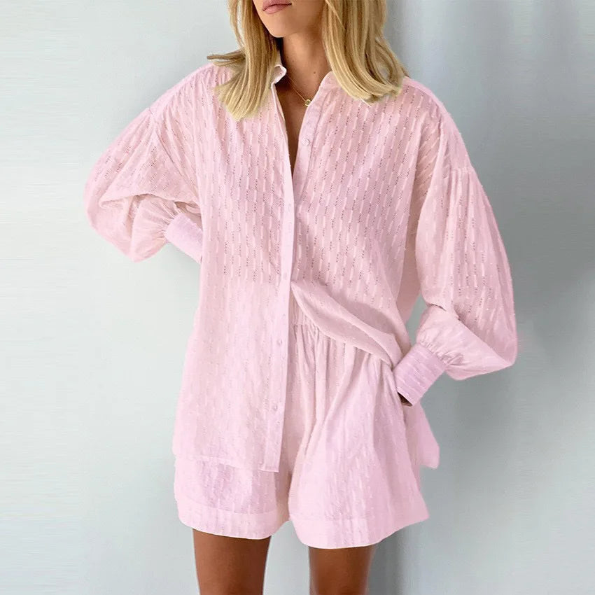 Autumn Women's Shirt Jacquard Puff Sleeve Temperament Top Shorts Commuting Design Casual Suit