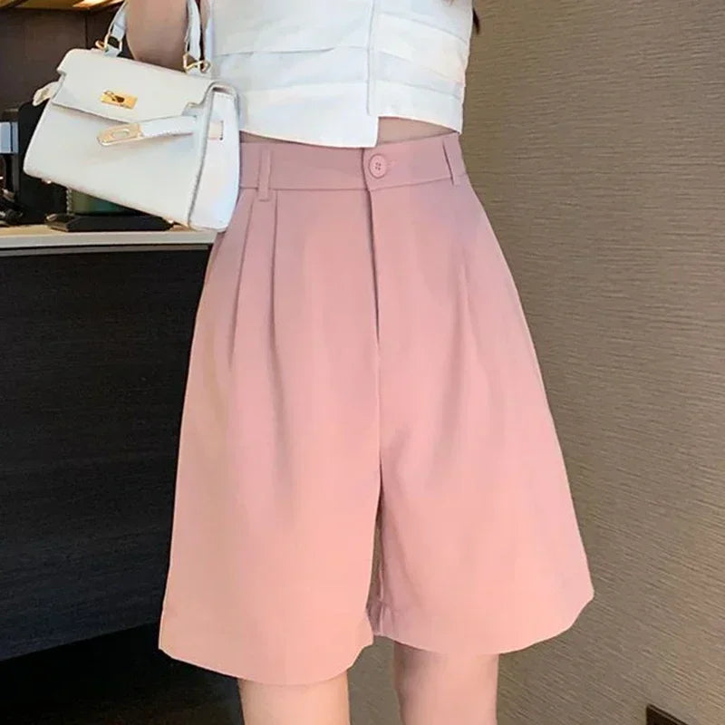 2025 New Summer Women Baggy Medium Length Short Pants Lady Korean Concise Solid Suit Pants Girls Casual Thin High Waisted Shorts