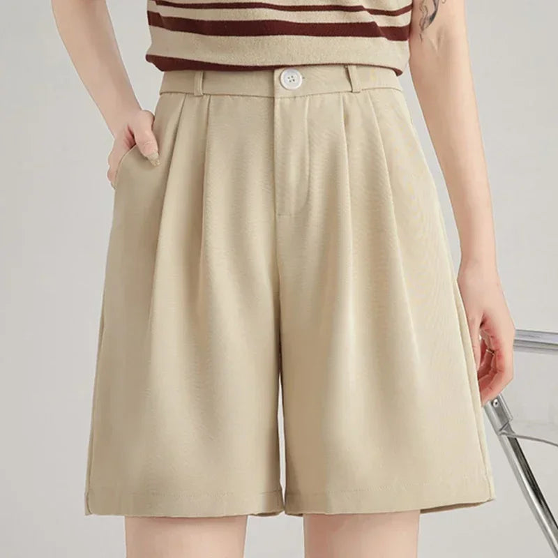 2025 New Summer Women Baggy Medium Length Short Pants Lady Korean Concise Solid Suit Pants Girls Casual Thin High Waisted Shorts