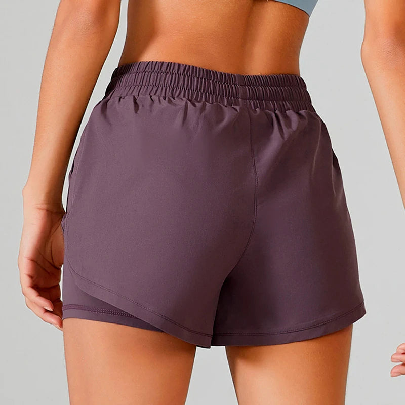 Summer Women's Running Yoga Shorts Elastic High Waist Double Layer Shorts Breathable Quick Dry Outdoor Pilates Sport shorts🏃🏻‍
