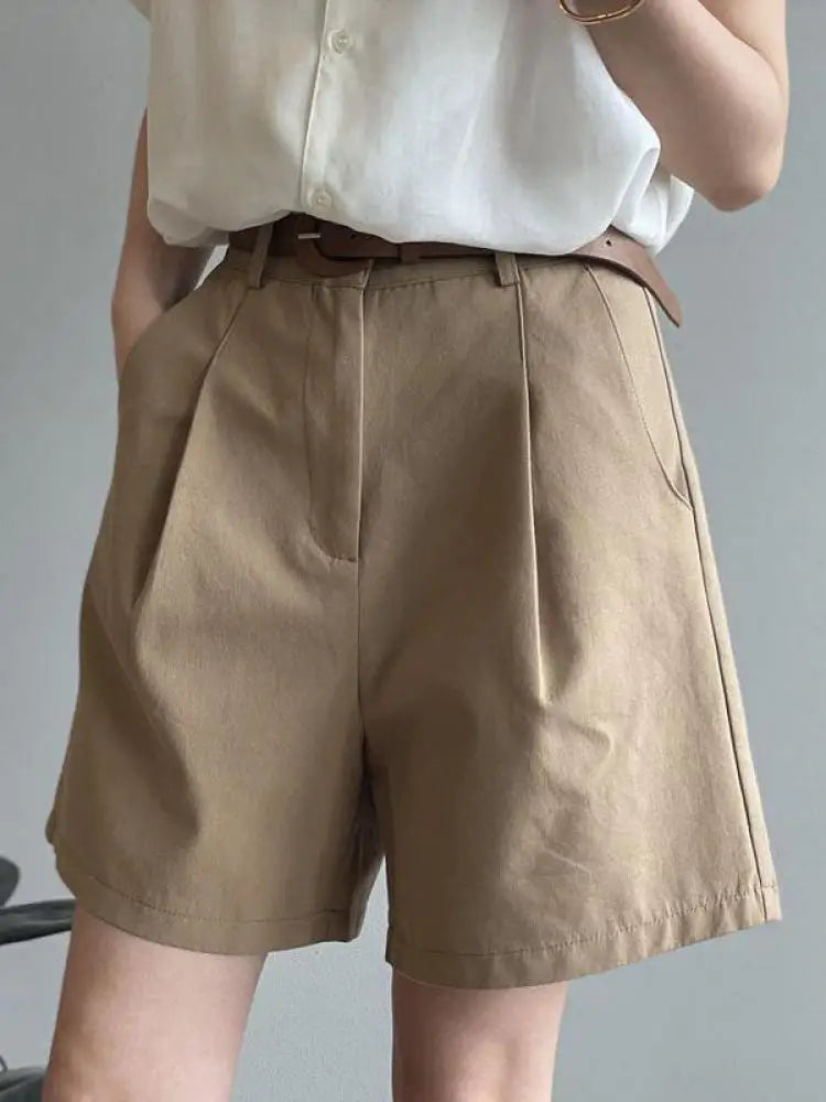 Belt Pure Cotton Shorts Women High Waist Wide Leg A Line Suit Shorts Office Lady Solid Loose Casual All Match Short Pants
