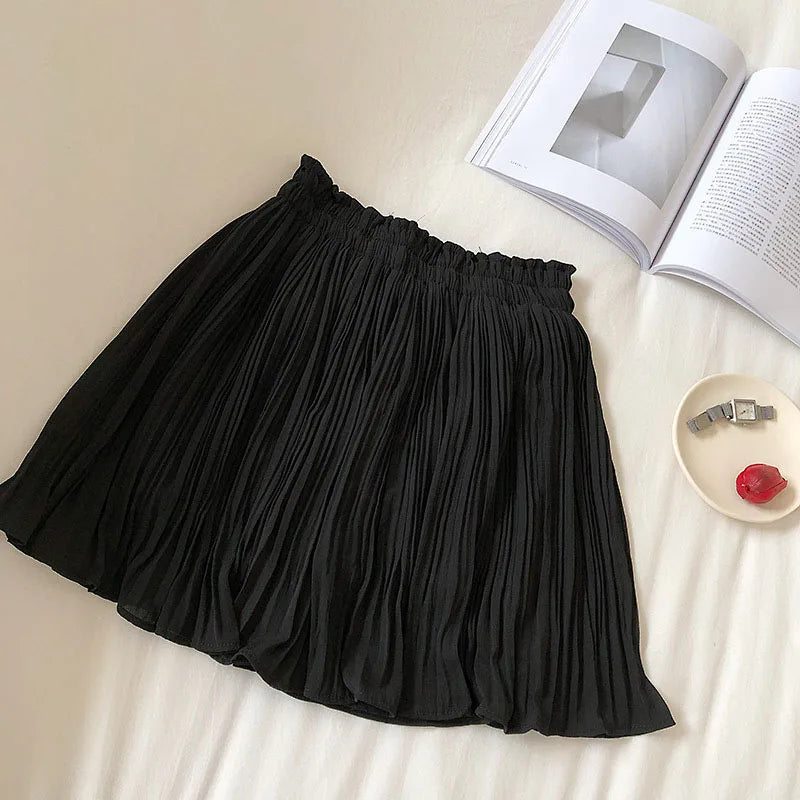 Solid Chiffon Summer Shorts Skirt Women Fashion Elastic Waist Pleated Mini Skirt Casual Beach Faldas Saias