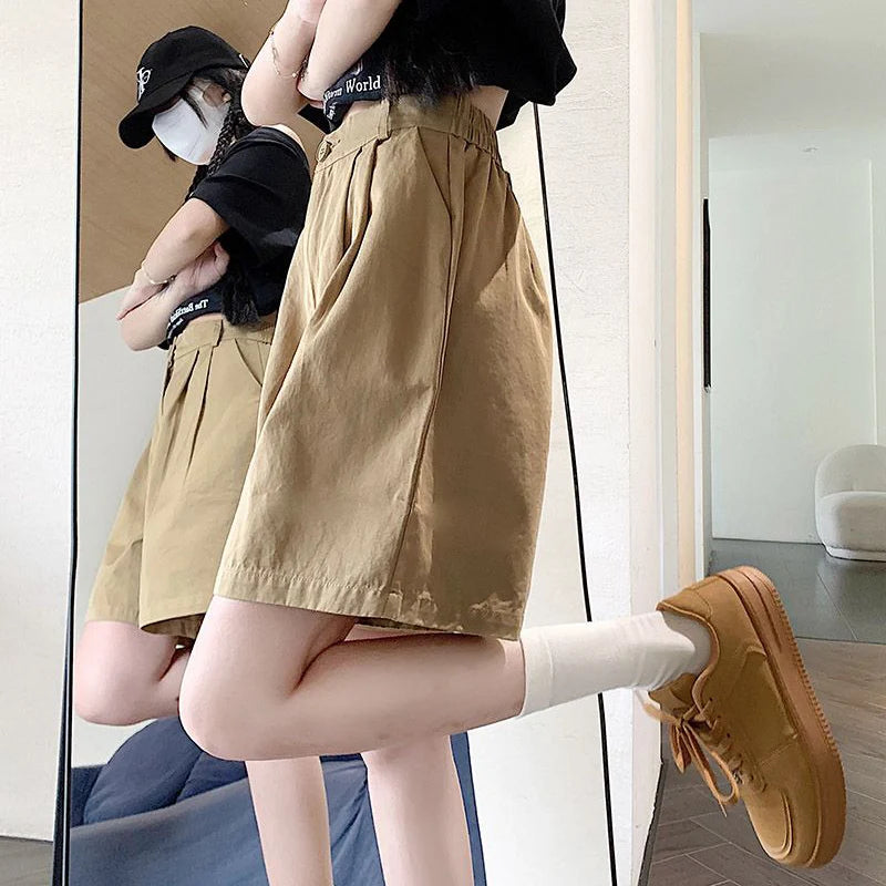 2025 Summer Women Casual Daily Khaki Short Pants Female High Waisted Cargo Shorts Girls Retro Baggy Wide Leg Slacks