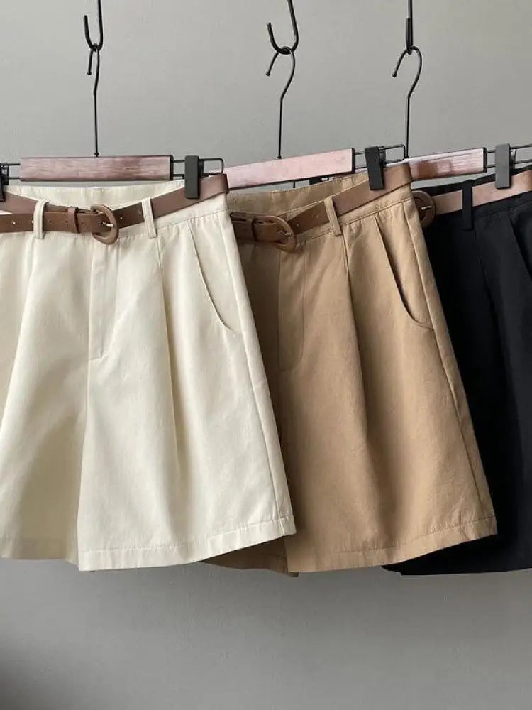 Belt Pure Cotton Shorts Women High Waist Wide Leg A Line Suit Shorts Office Lady Solid Loose Casual All Match Short Pants