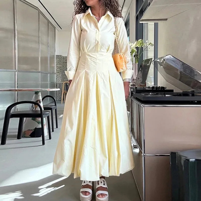 PRINTKAOIR Office Shirts Dressess for Woman Laple Waist Cinching Long Sleeve Pleated Female Dress 2025 Autumn Chic Lady Vestidos