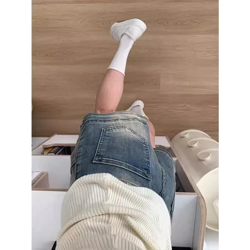 Retro Old Denim Shorts for Women in Summer High Waist Stretch Straight A-line Hot Pants
