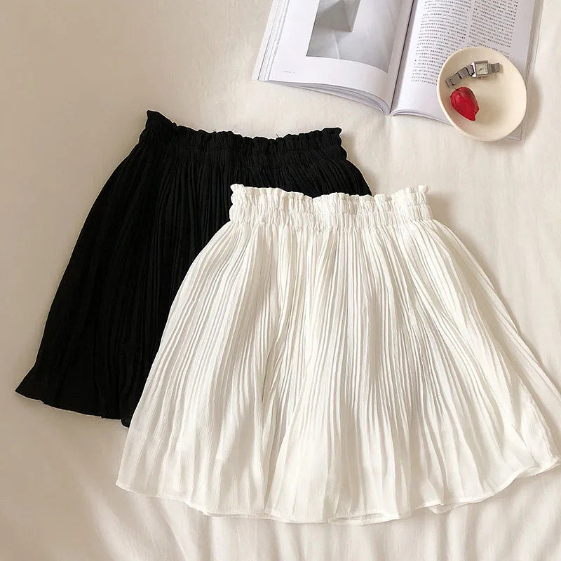 Solid Chiffon Summer Shorts Skirt Women Fashion Elastic Waist Pleated Mini Skirt Casual Beach Faldas Saias