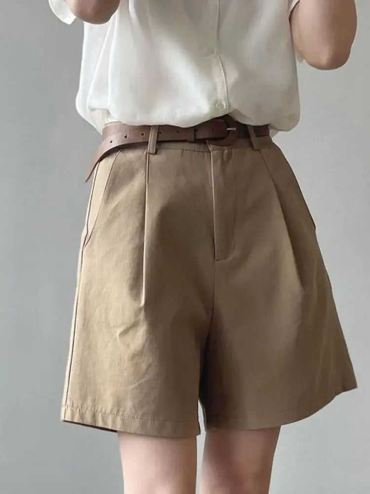 Belt Pure Cotton Shorts Women High Waist Wide Leg A Line Suit Shorts Office Lady Solid Loose Casual All Match Short Pants