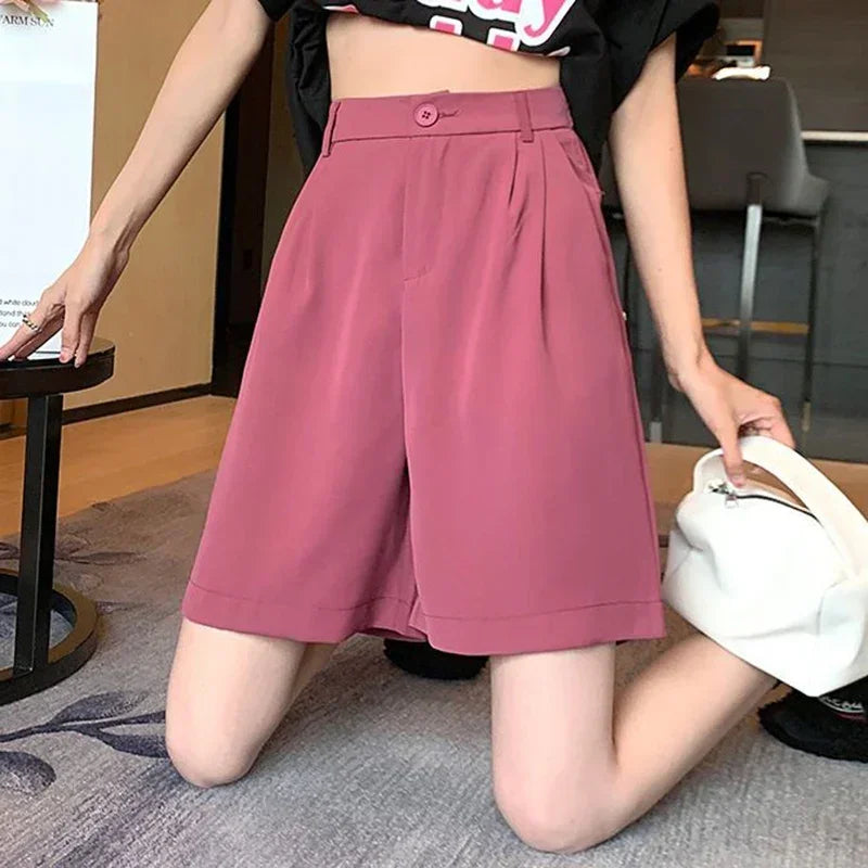 2025 New Summer Women Baggy Medium Length Short Pants Lady Korean Concise Solid Suit Pants Girls Casual Thin High Waisted Shorts