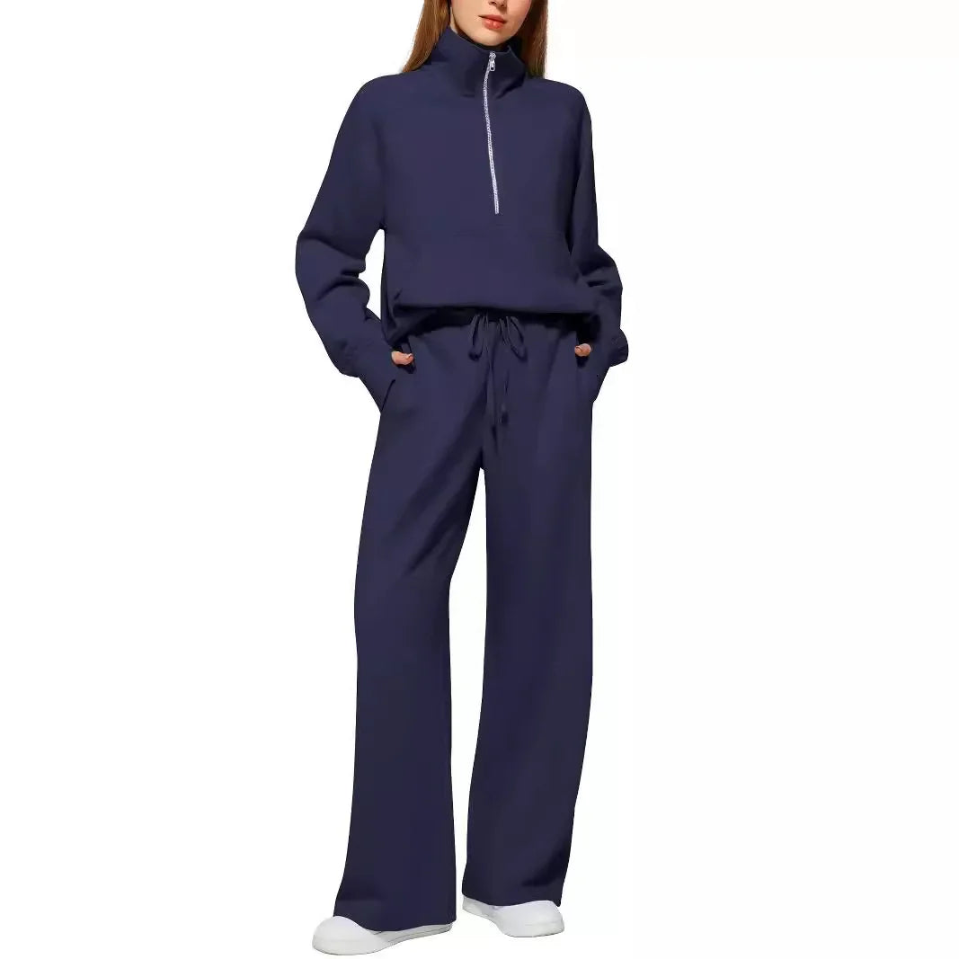 2025 Women's Style 2-Piece Set Oversized Zippered Ultra-Wide Leg Sweatpants Casual Suit Coat and Shorts