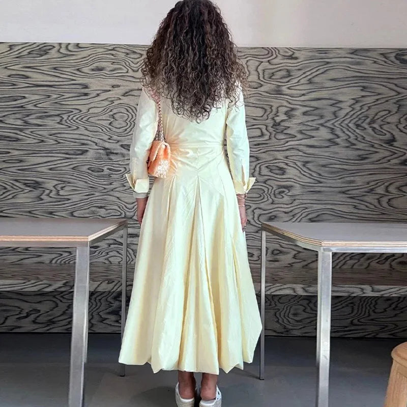 PRINTKAOIR Office Shirts Dressess for Woman Laple Waist Cinching Long Sleeve Pleated Female Dress 2025 Autumn Chic Lady Vestidos