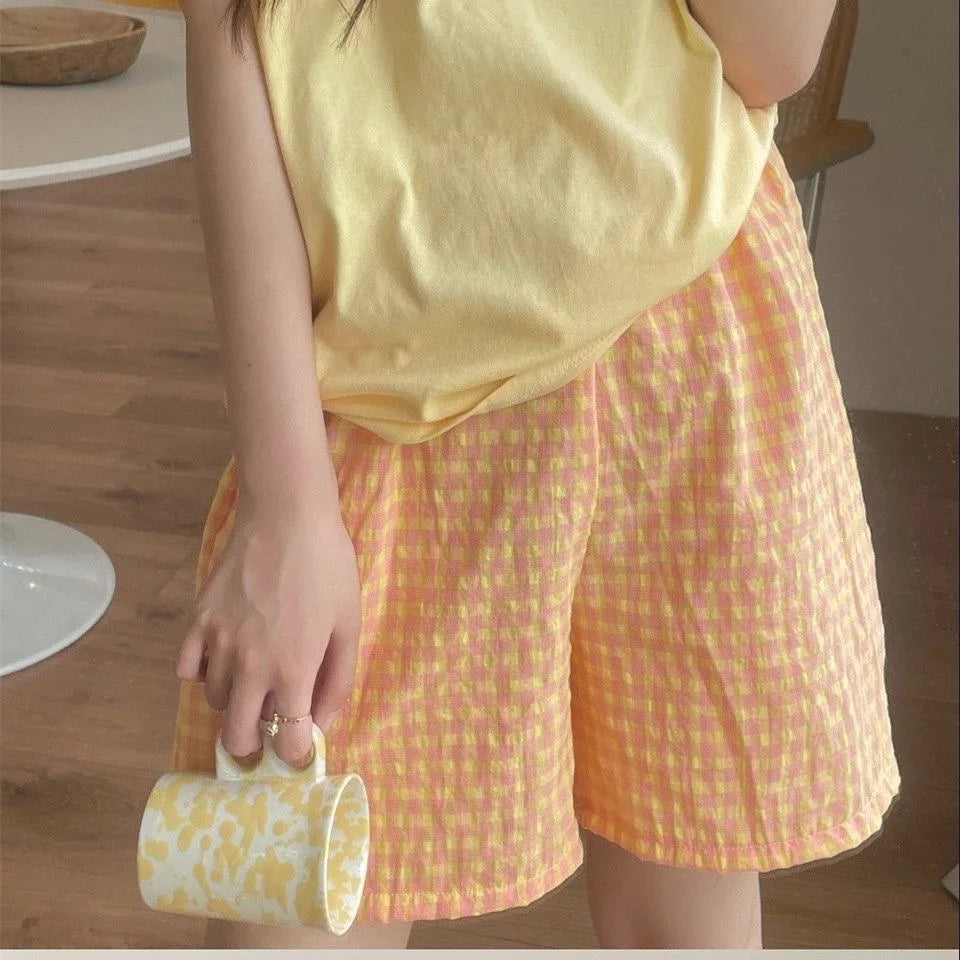 Summer Loose Plaid Shorts Women Ins Style Shorts High Waist Slimming Wide Legs Casual Home Pants Outdoor Wearing Walking Shorts