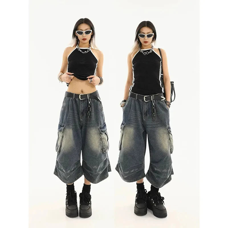 2025 Y2k Retro Women Low Rise Jorts Brushed Black Wash Cropped Baggy Jeans Wide Leg Frayed Denim Short Pants Fashion