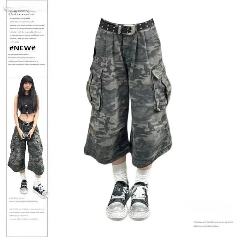 2025 Y2k Retro Women Low Rise Jorts Brushed Black Wash Cropped Baggy Jeans Wide Leg Frayed Denim Short Pants Fashion