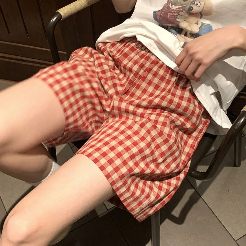 Summer Loose Plaid Shorts Women Ins Style Shorts High Waist Slimming Wide Legs Casual Home Pants Outdoor Wearing Walking Shorts
