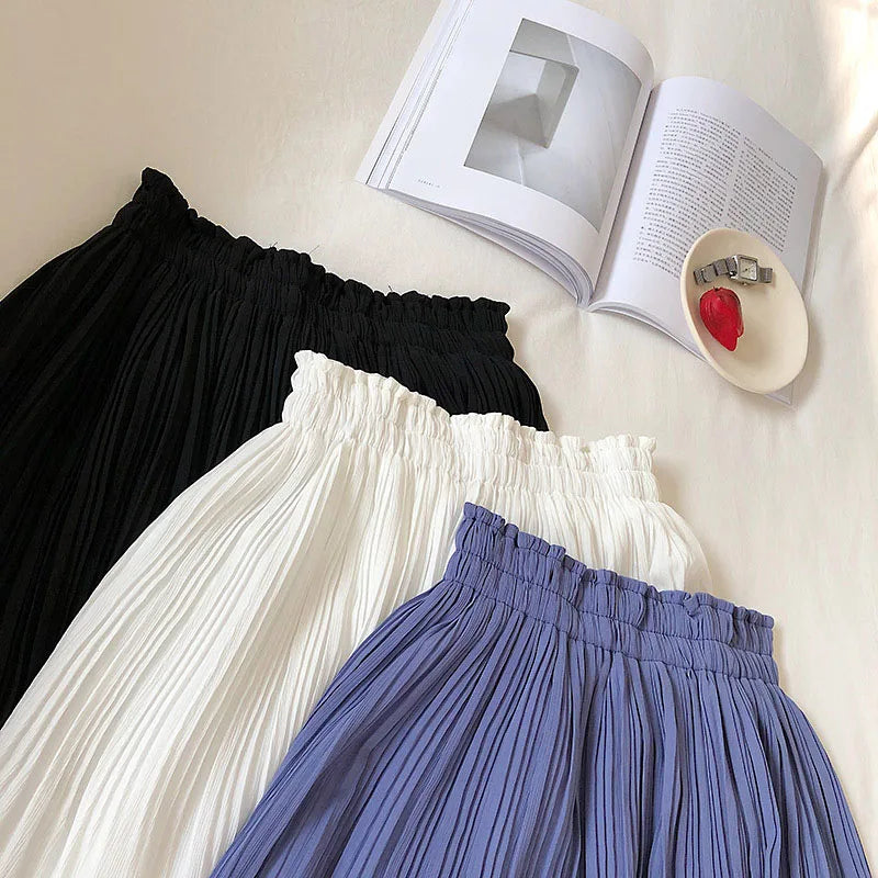 Solid Chiffon Summer Shorts Skirt Women Fashion Elastic Waist Pleated Mini Skirt Casual Beach Faldas Saias