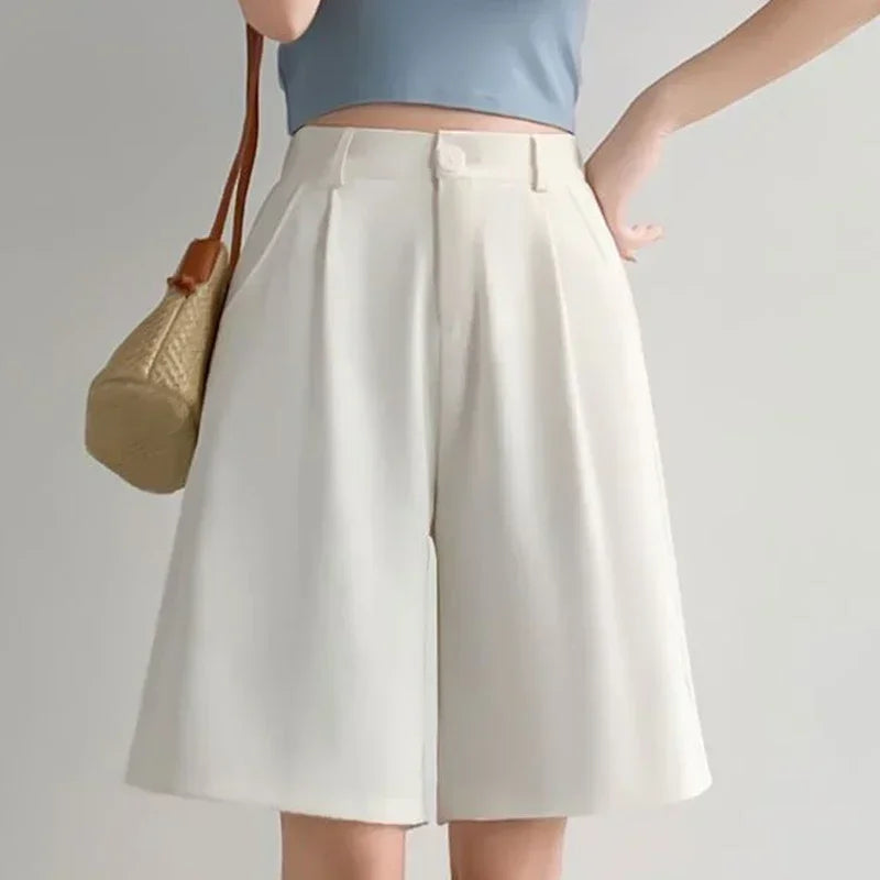2025 New Summer Women Baggy Medium Length Short Pants Lady Korean Concise Solid Suit Pants Girls Casual Thin High Waisted Shorts