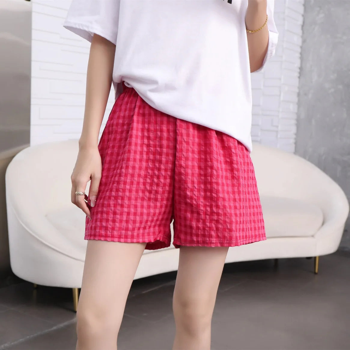 Summer Loose Plaid Shorts Women Ins Style Shorts High Waist Slimming Wide Legs Casual Home Pants Outdoor Wearing Walking Shorts