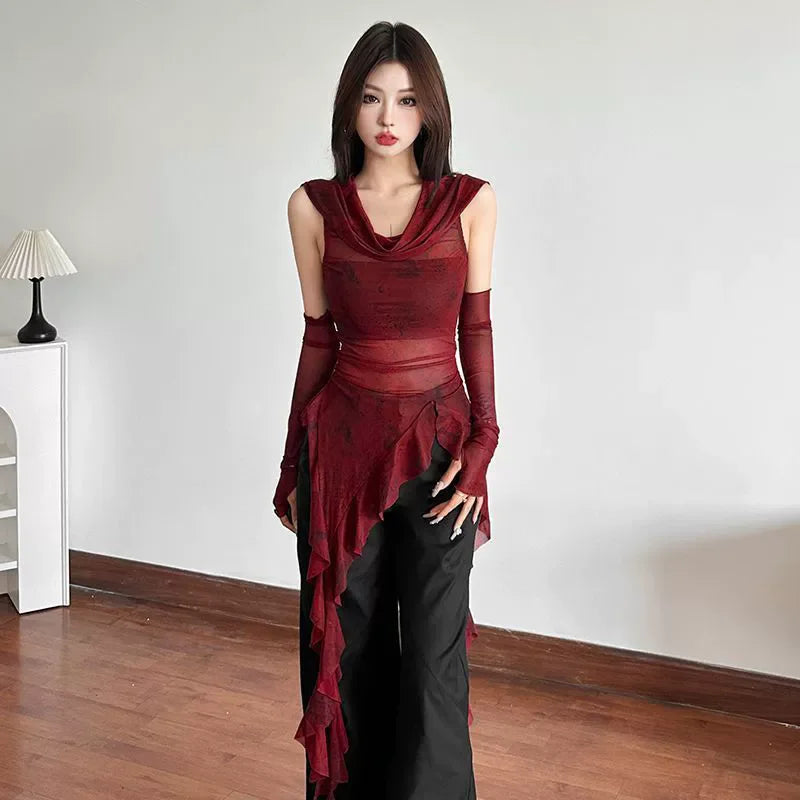 Ruffle Long Sleeve Sexy T-Shirts Fashion Women Y2K Irregular Asymmetrical Korean Crop Tops Casual Sheer Mesh Autumn Chic Tees