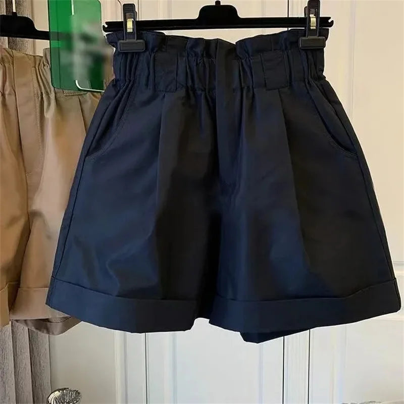 Women's Shorts Solid Color High Waisted Elastic Shorts Elastic Waist Wide Leg Casual Short Pants 2025 News