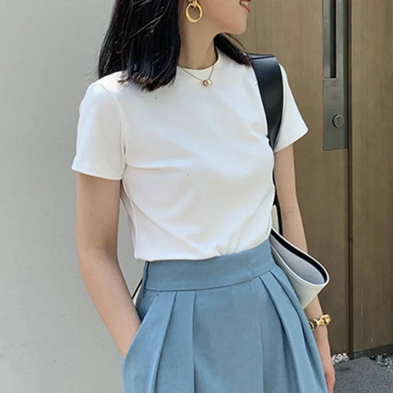 2024 Fashion Women Cotton Half High collar Short Sleeve T-shirts Summer Solid Color Elegant Tee Casual Tops