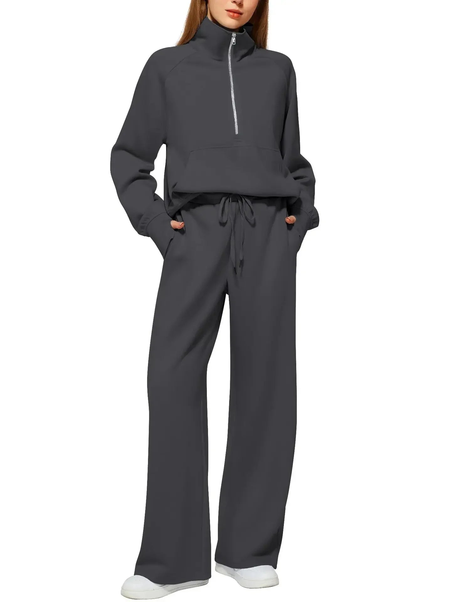 2025 Women's Style 2-Piece Set Oversized Zippered Ultra-Wide Leg Sweatpants Casual Suit Coat and Shorts