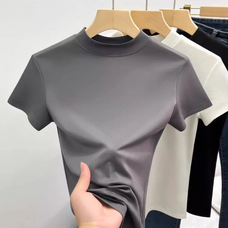 2024 Fashion Women Cotton Half High collar Short Sleeve T-shirts Summer Solid Color Elegant Tee Casual Tops