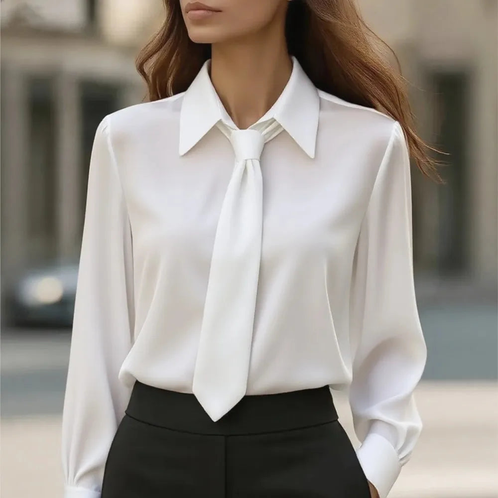 2025 New Spring Autumn Professional Shirt Fashion Casual Solid Color Long Sleeve Blouse with Tie Shirt Women's Office Clothing