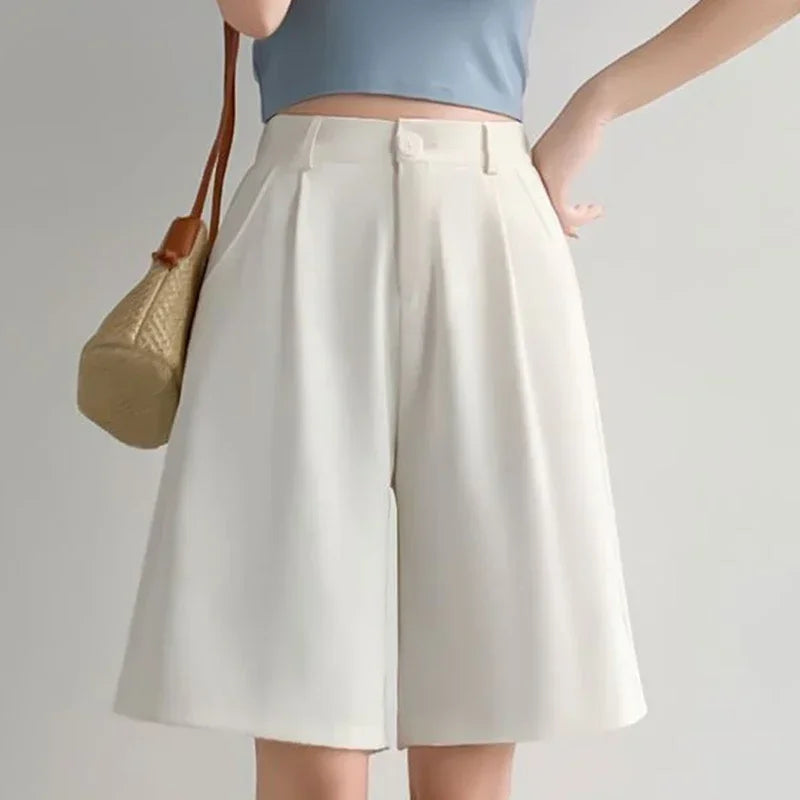 2025 New Summer Women Baggy Medium Length Short Pants Lady Korean Concise Solid Suit Pants Girls Casual Thin High Waisted Shorts