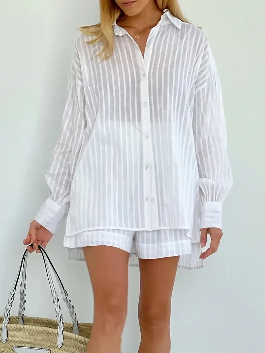 Wolfeel Casual Shorts Sets Striped Jacquard 2 Pieces Cozy Lapel Lantern Sleeve Shirt Summer Outfit Elastic Waist Shorts Suits