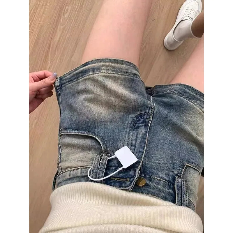 Retro Old Denim Shorts for Women in Summer High Waist Stretch Straight A-line Hot Pants