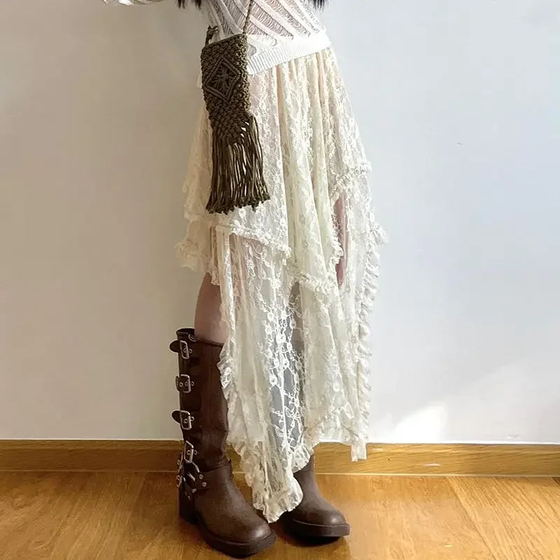 Lace Asymmetrical Skirt Fairycore Women Vintage Y2K Boho Aesthetic Fashion High Waist Mid Skirts Lady Holiday Outfits