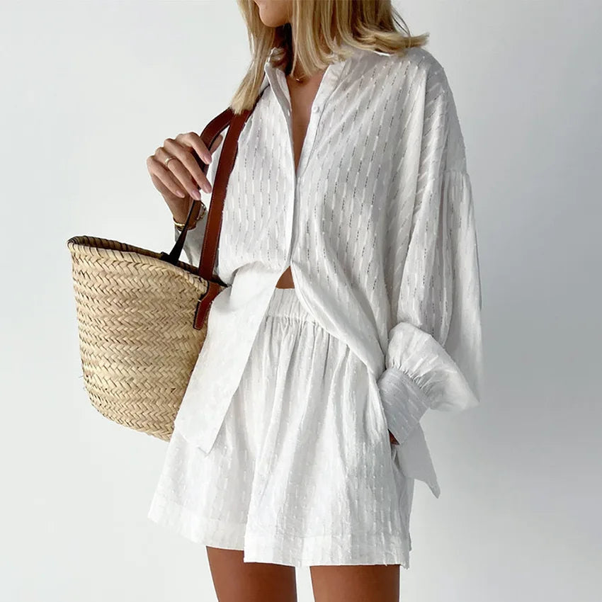 Autumn Women's Shirt Jacquard Puff Sleeve Temperament Top Shorts Commuting Design Casual Suit